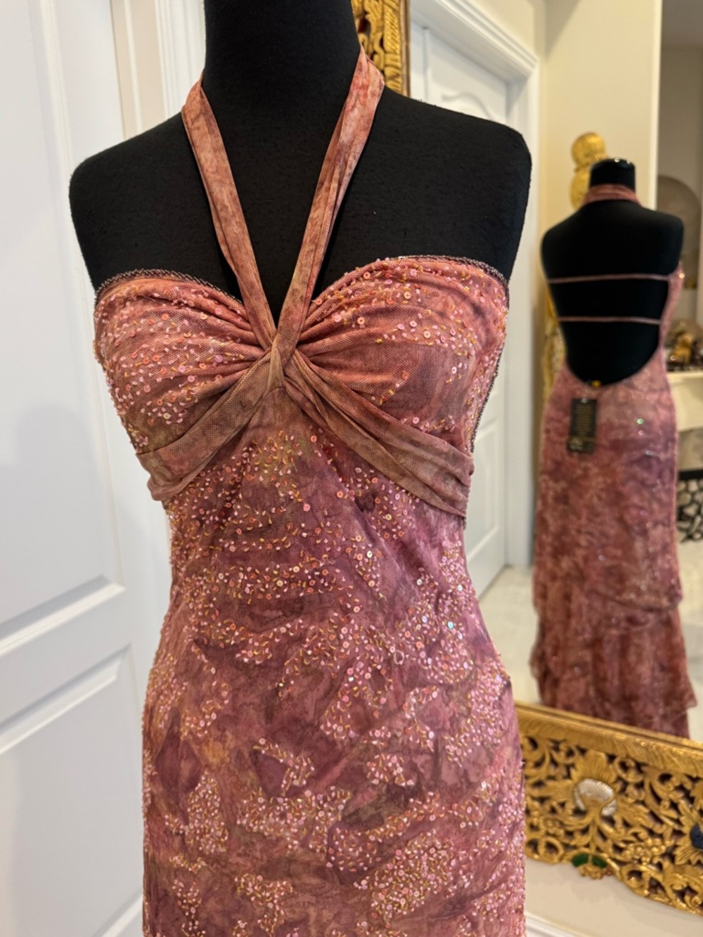 Sparkling hand beaded, layered skirt Mauve Halter Maxi Dress stretch fabric - Picture 9 of 16